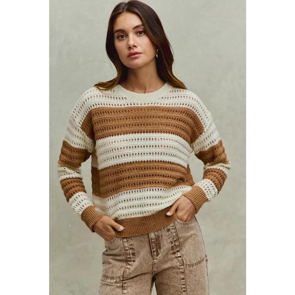 SO ME Openwork Round Neck Wide Stripe Textured Sweater